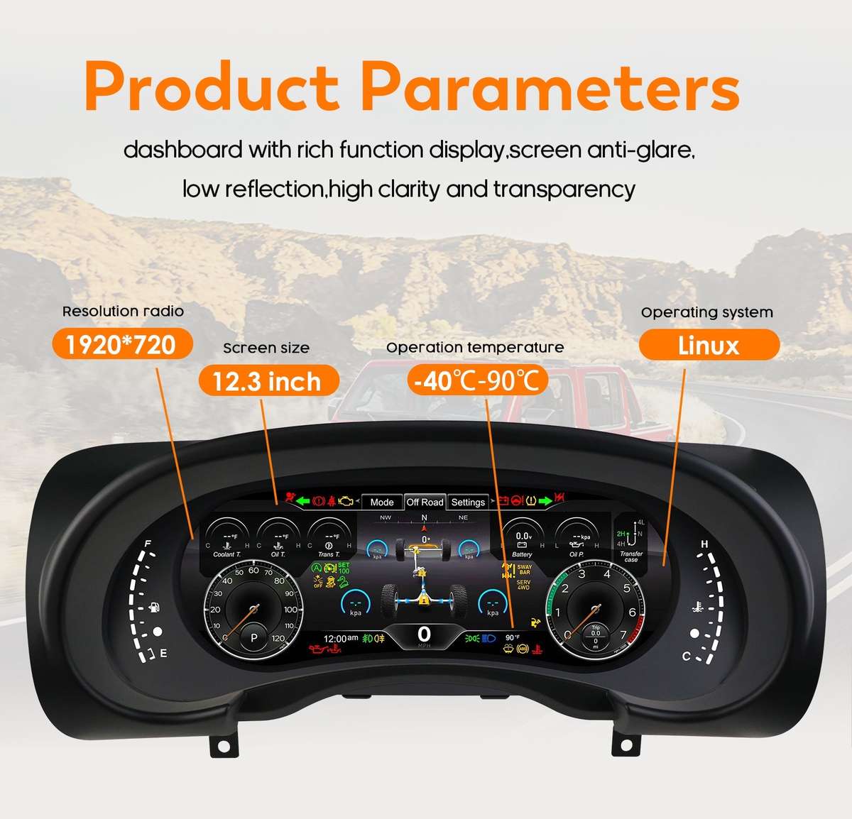 12.3" For Jeep Wrangler 2007-2010 Car LCD Digital Cluster Dashboard Speedometer