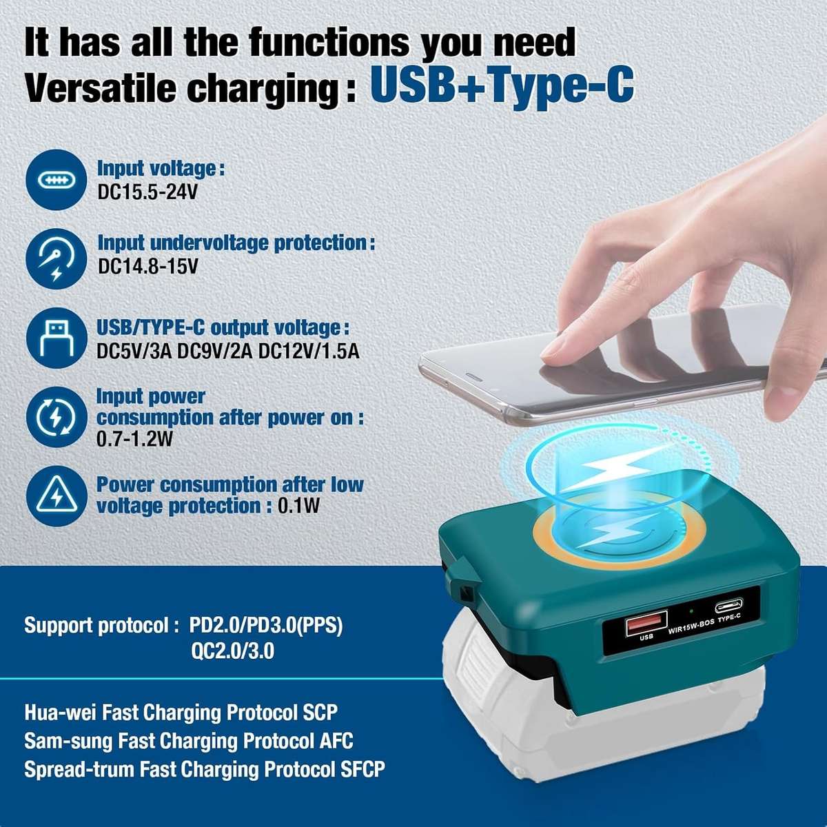 Wireless Charger Adapter for Bosch 18v GBA Battery 15W for Phone with Type C USB
