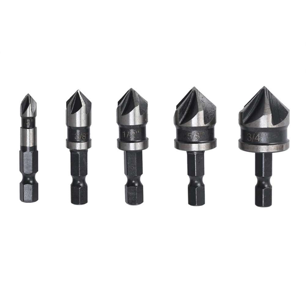 5pcs Hex Shank 5 Flute Metal M35 Cobalt Countersink Drill Bit Set 82 Degree