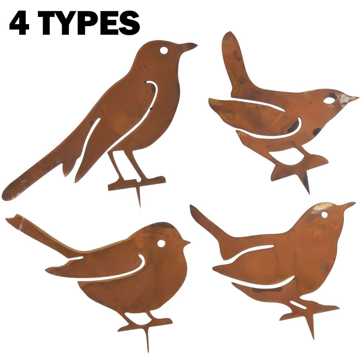 Rusty Metal Birds Stake Silhouettes Set Of 4 Decorative Garden Figures