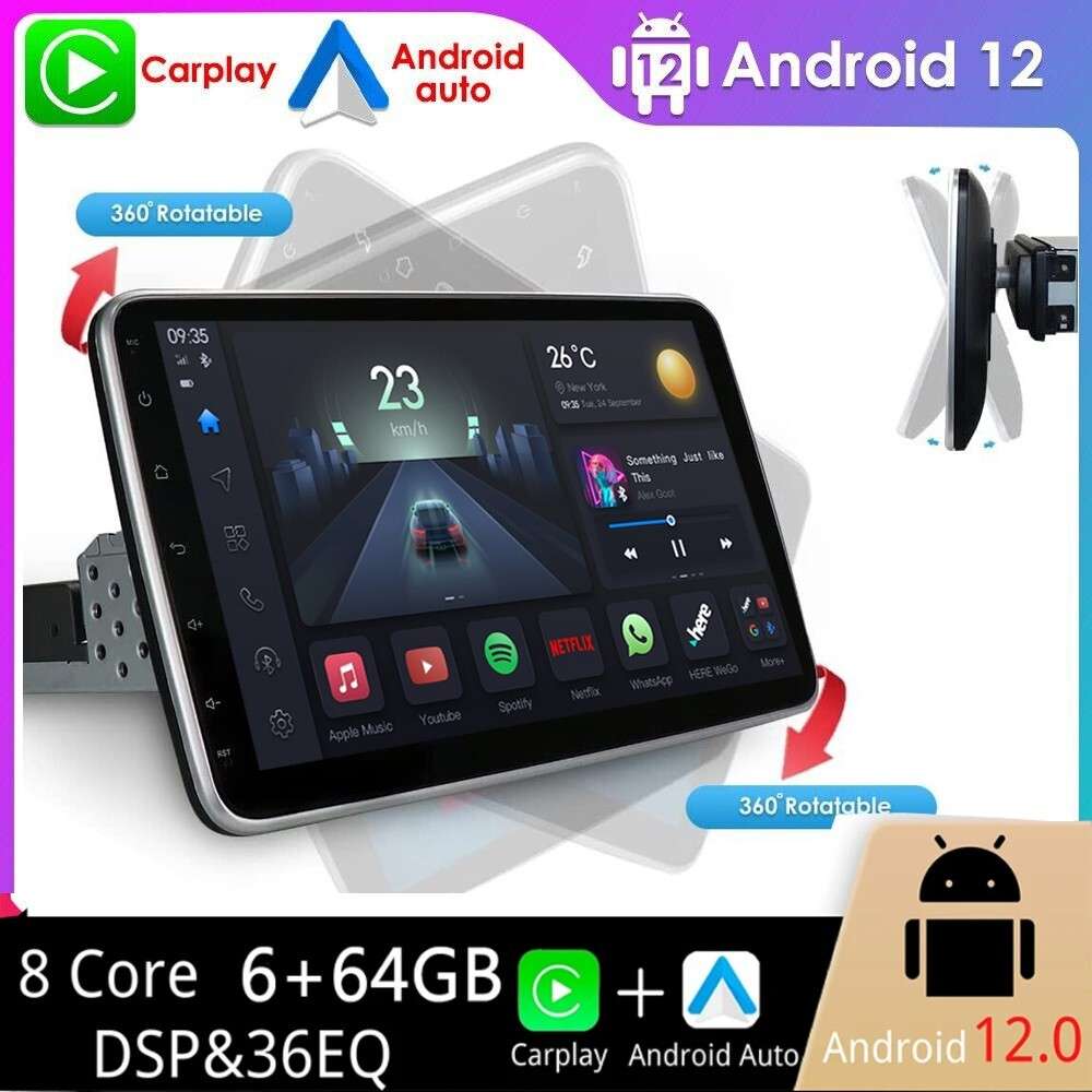 4+64GB 10.1" Rotatable Android 12 Carplay Single DIN Car Stereo Radio GPS DSP AI