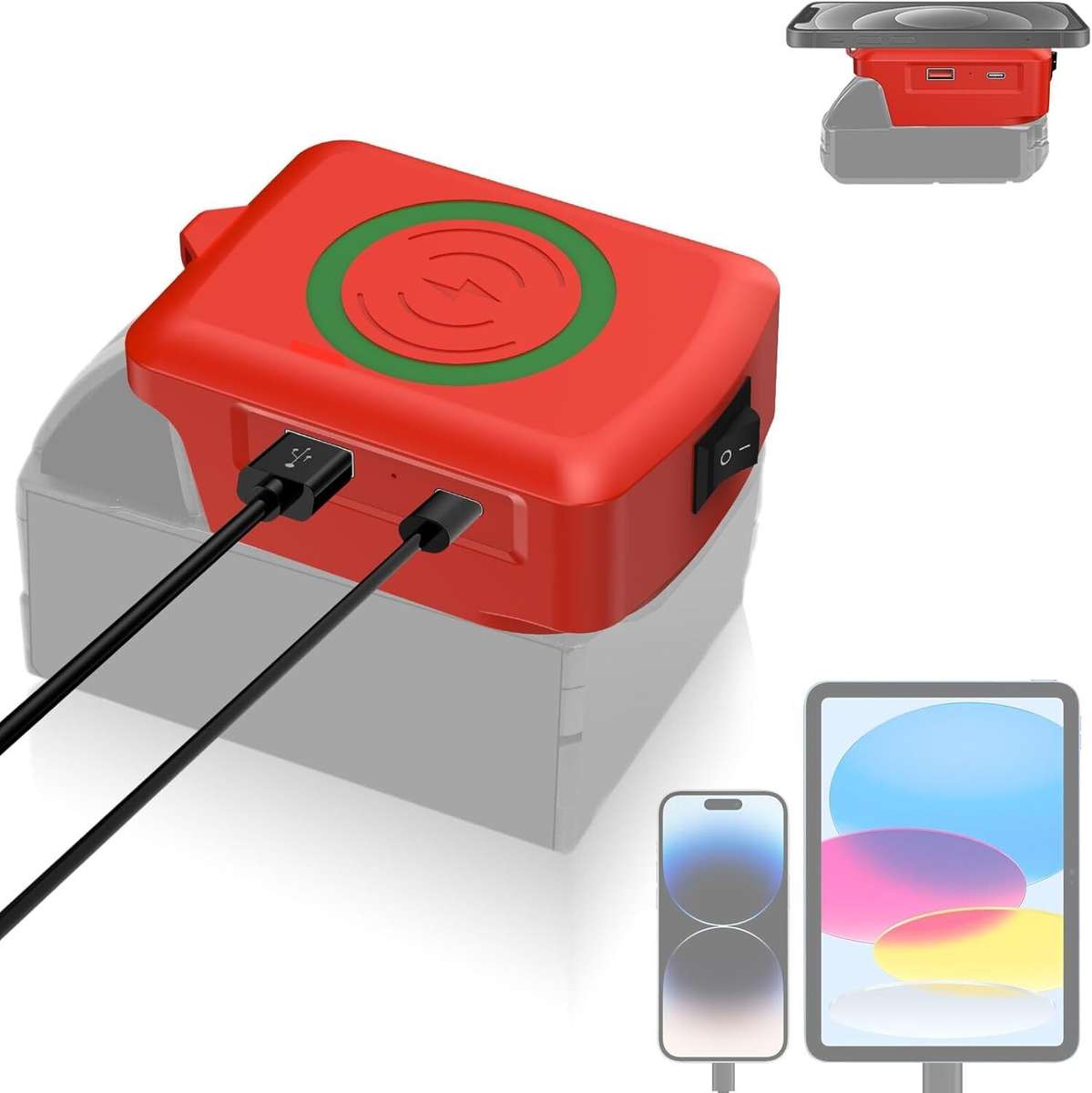 Wireless Charger Adapter for Milwaukee 18V Battery 15W for Phone with Type C USB