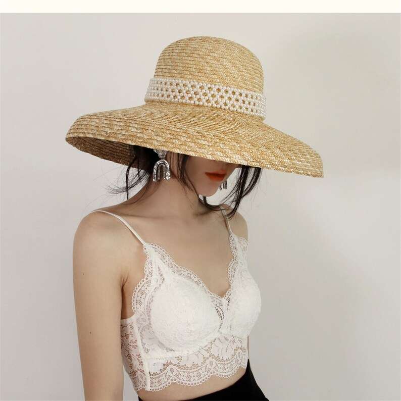 Retro Pearl Audrey Hepburn Straw Hat , Wide Brim Lampshade Hat, Straw Cloche Hat , Wedding Hat