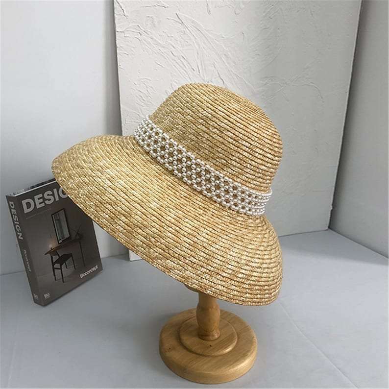 Retro Pearl Audrey Hepburn Straw Hat , Wide Brim Lampshade Hat, Straw Cloche Hat , Wedding Hat
