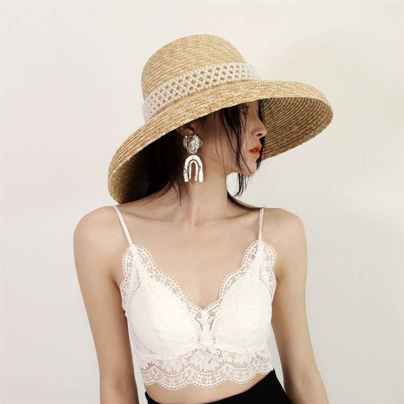 Retro Pearl Audrey Hepburn Straw Hat , Wide Brim Lampshade Hat, Straw Cloche Hat , Wedding Hat