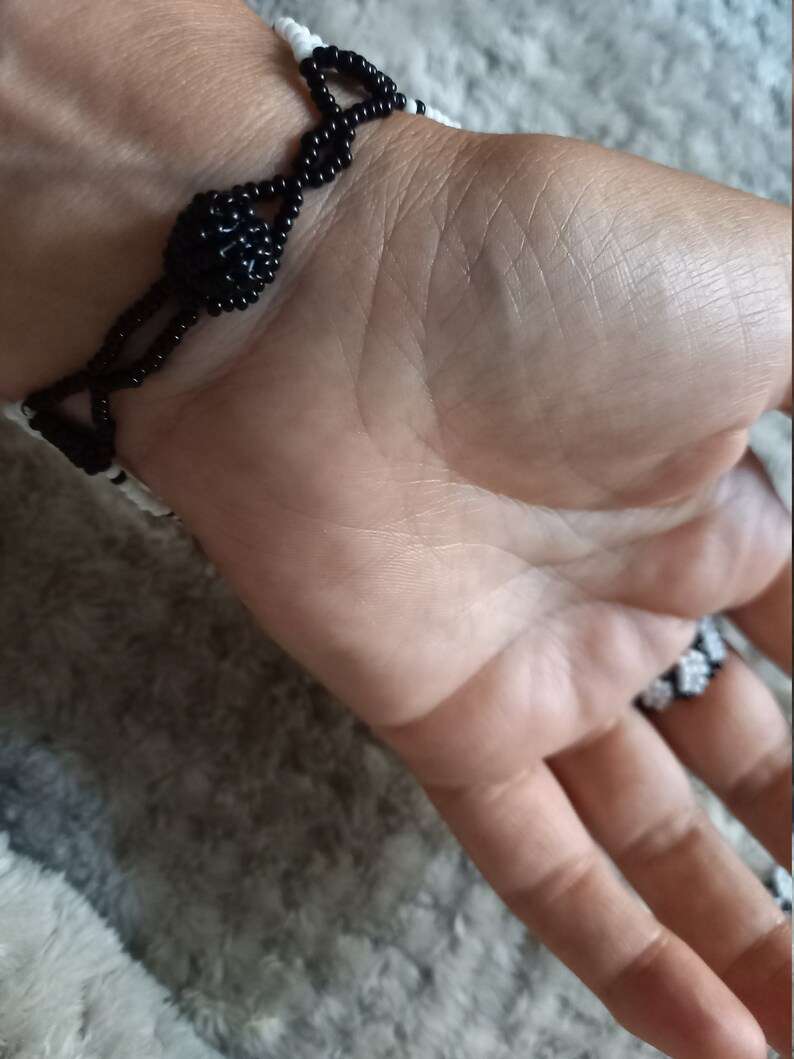 Zulu Glove Handpiece Black and White Glass Beaded Bracelet with Ring Handmade in KZN