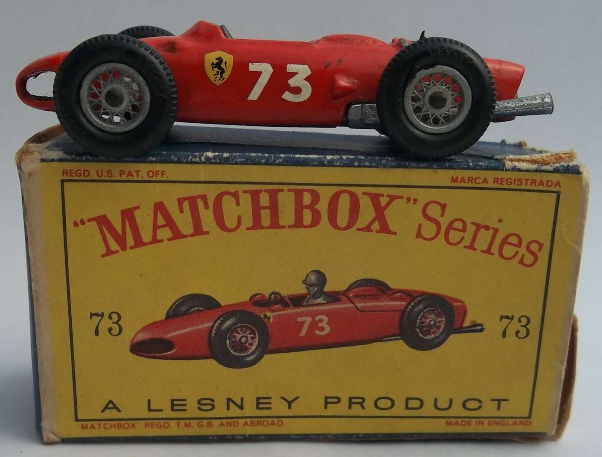 MATCHBOX Lesney 1-75 SERIES REGULAR WHEELS  #73 Ferrari Racing Car Boxed 1961 model