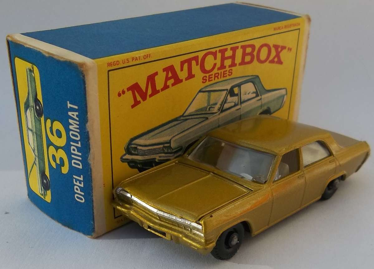Matchbox Lesney 1-75 Series Regular Wheels #36 Opel Diplomat  Rare Green Model on Box 1968 BOXED