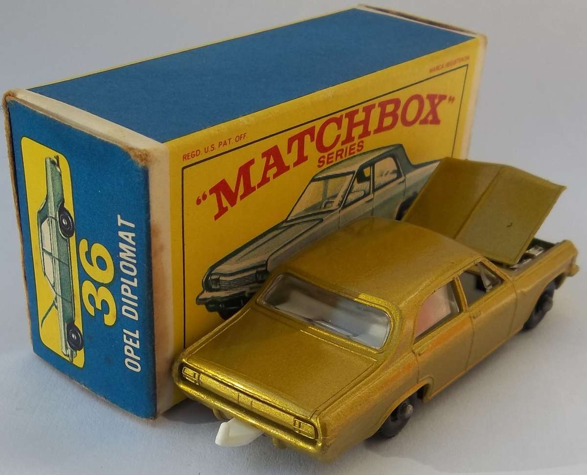 Matchbox Lesney 1-75 Series Regular Wheels #36 Opel Diplomat  Rare Green Model on Box 1968 BOXED