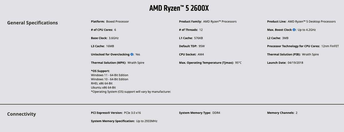 AMD Ryzen 5 2600x Hexa Core 3.6GHz (4.2GHz Boost) Socket AM4 Desktop CPU