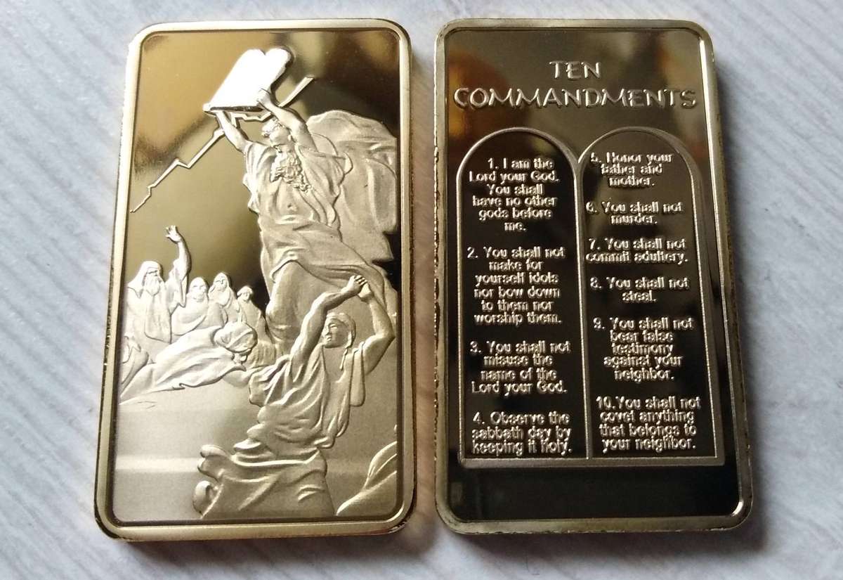 MOSES JESUS TEN COMMANDMENTS GOLD CLAD 1OZ BAR CROSS