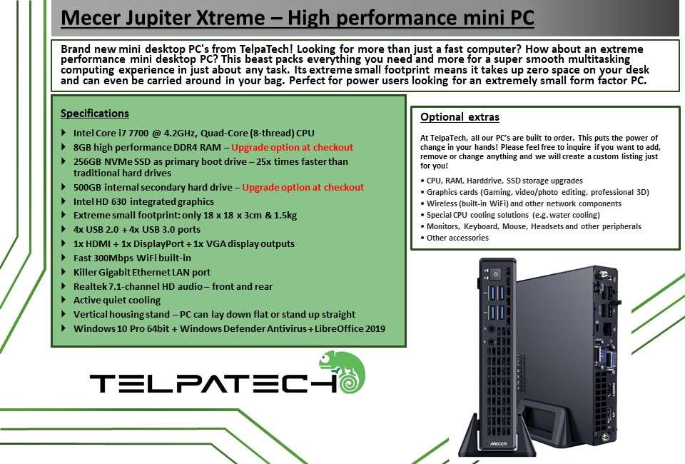 Mecer Jupiter Xtreme High performance Mini PC - i7, 8GB RAM, NVMe SSD HDD, Mini PC