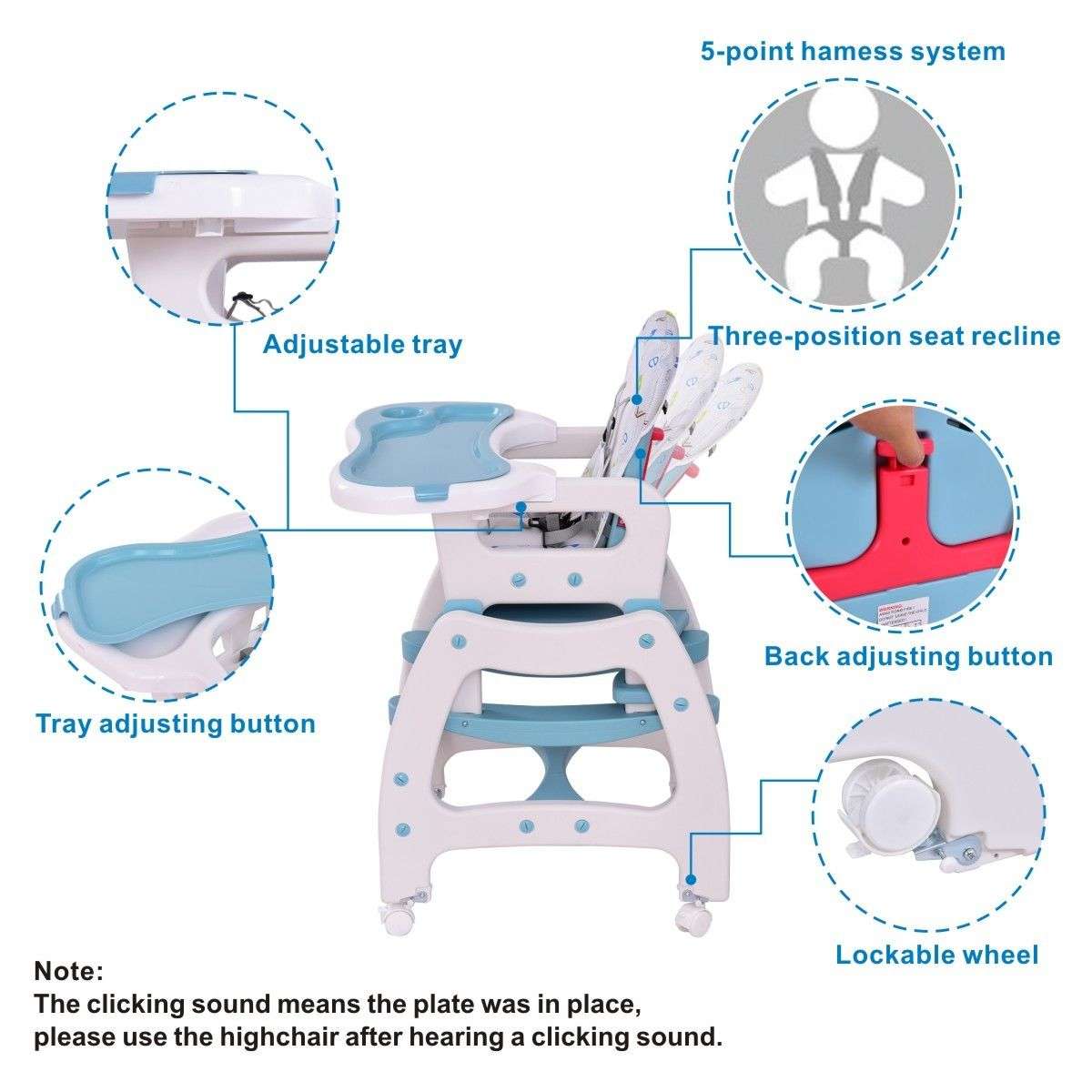 3 in 1 Baby High Chair Convertible Play Table Seat Booster Toddler Feeding Tray