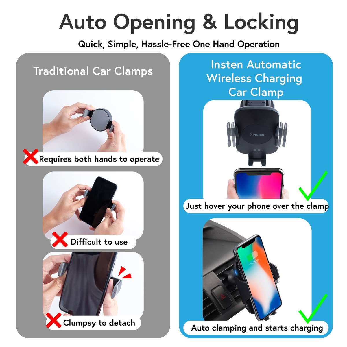 Wireless Charging Car Phone Mount with 10W Qi Quick Charger, Smart Sensor Clamping, 360° Rotation