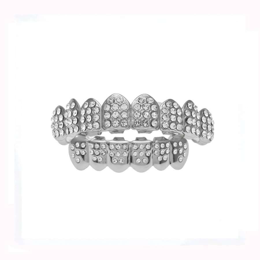 Teeth Grillz Silver plated with Ice'd out Upper and Lower Diamonds