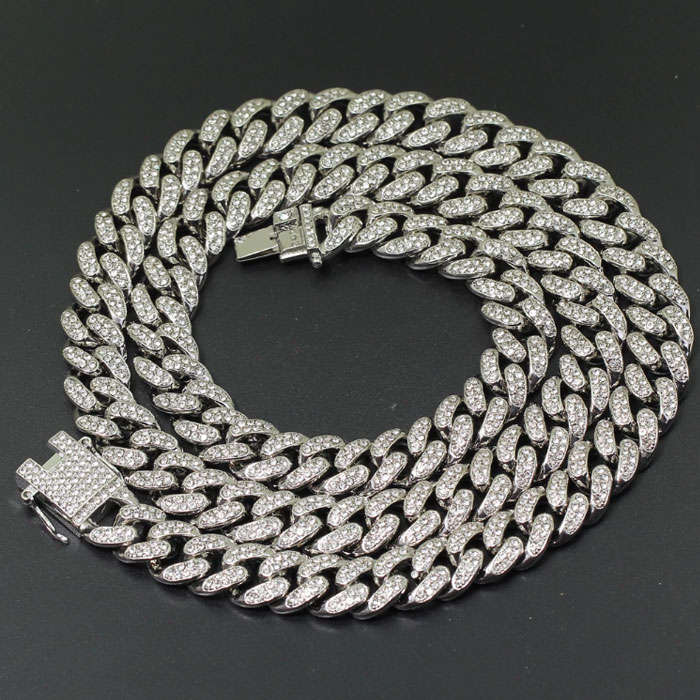 20 Silver Cuban Chainlink necklace encrusted in crystal rhinestones (12mm width)