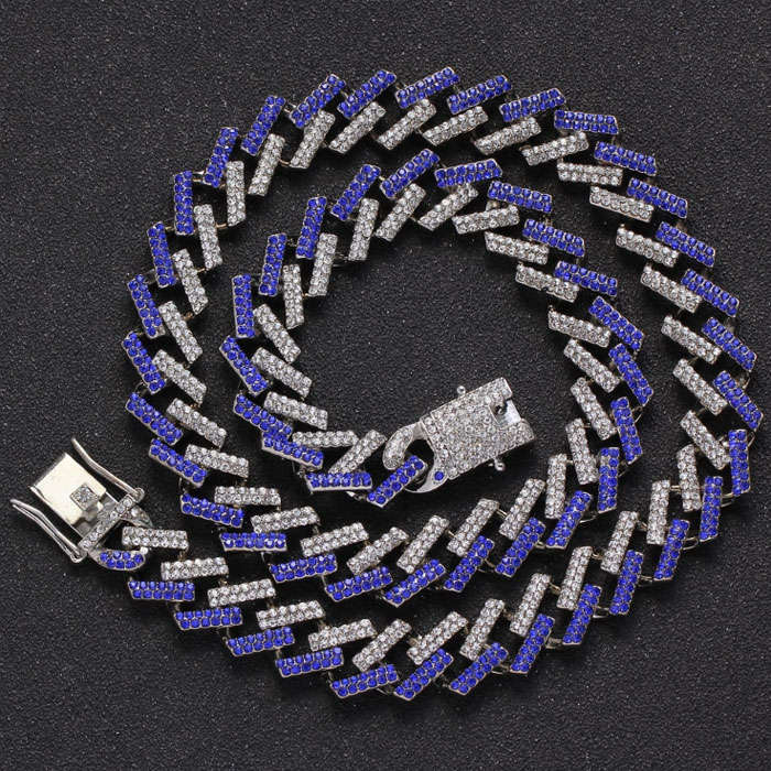 20 Cuban Iced Out Silver and Blue Necklace rectangle link encrusted with zirconia