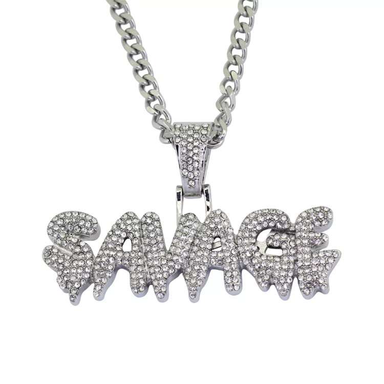 24" Savage Drip Iced out Silver Pendant with Chain