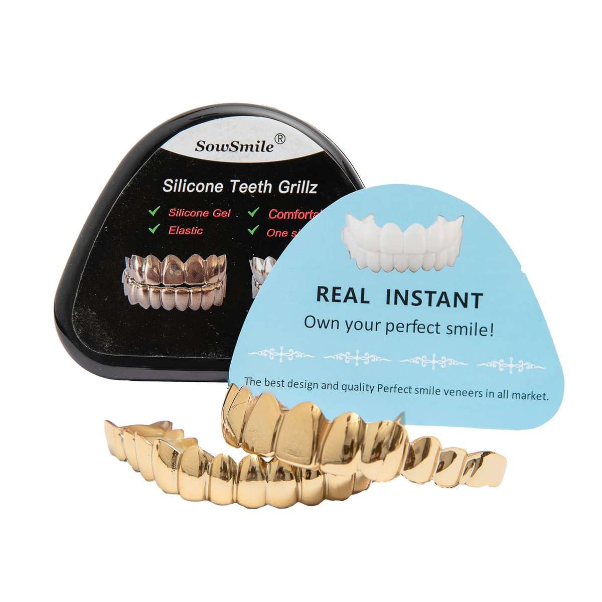 SowSmile Silicon Gold Teeth Grillz Veneers (upper & lower set)