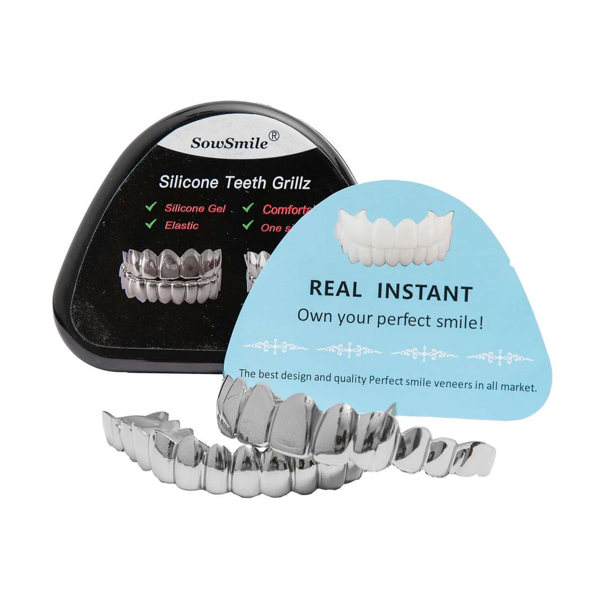 SowSmile Silicon Silver Teeth Grillz Veneers  (upper & lower set)