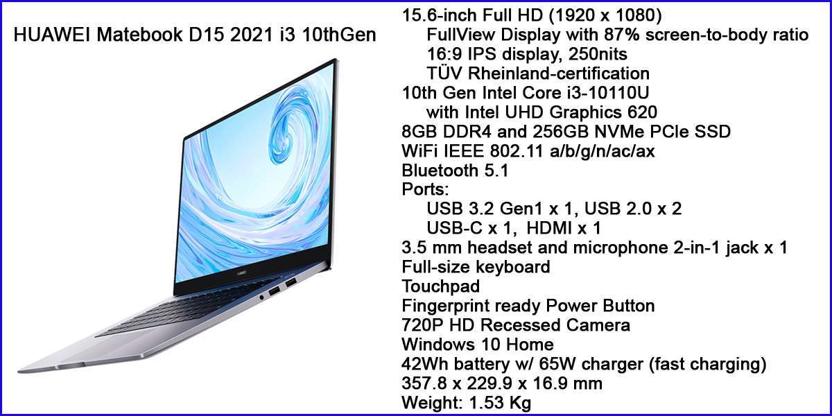 *BARGAIN BUY*AS NEW HUAWEI MATEBOOK D15 10th GEN i3, 8GB RAM, 256SSD-WORTH 12k-GRAB IT @ JUST R6999!