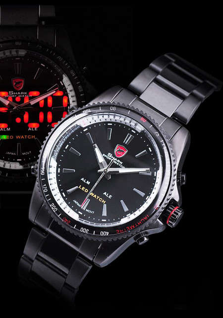 SHARK Black Ion Digital Dual Movement Alarm Stainless Steel Case Sport Watch BRAND NEW
