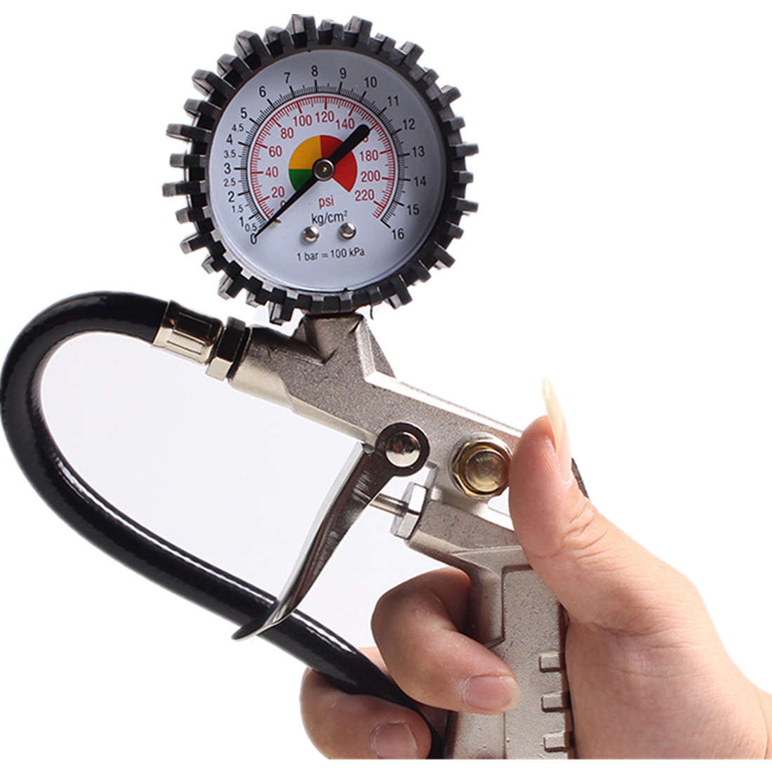 220 Psi Lock On Tire Inflator Air Pressure Gauge Pistol Chuck Hose Car/Bike Auto