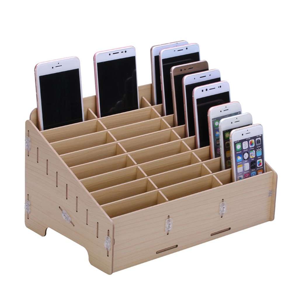 BG6039 Wooden 24-Grid Desktop Supplies Organizer Multi-functional Storage Box - Apricot