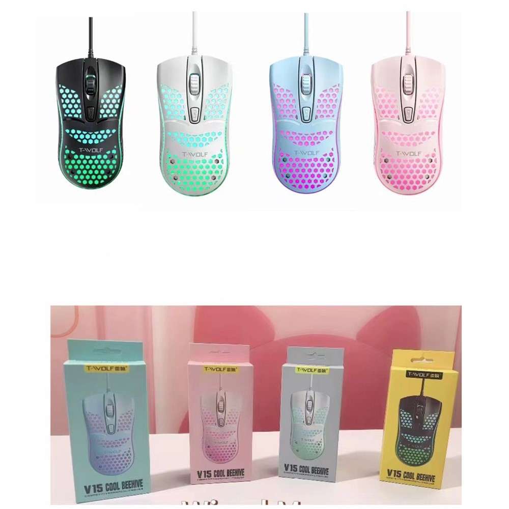T-WOLF V15 PC Gaming Mouse RGB Backlit Wired USB Honeycomb Design 4D Buttons Mouse - Black