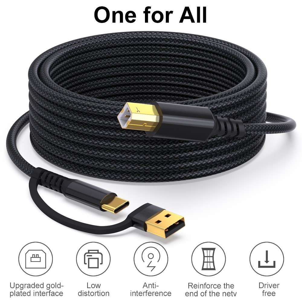 2m USB / Type-C to Square USB Type-B 2 in 1 Printer Cable Braided Printing Connection Cord - Black