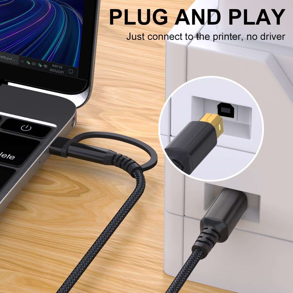 2m USB / Type-C to Square USB Type-B 2 in 1 Printer Cable Braided Printing Connection Cord - Black