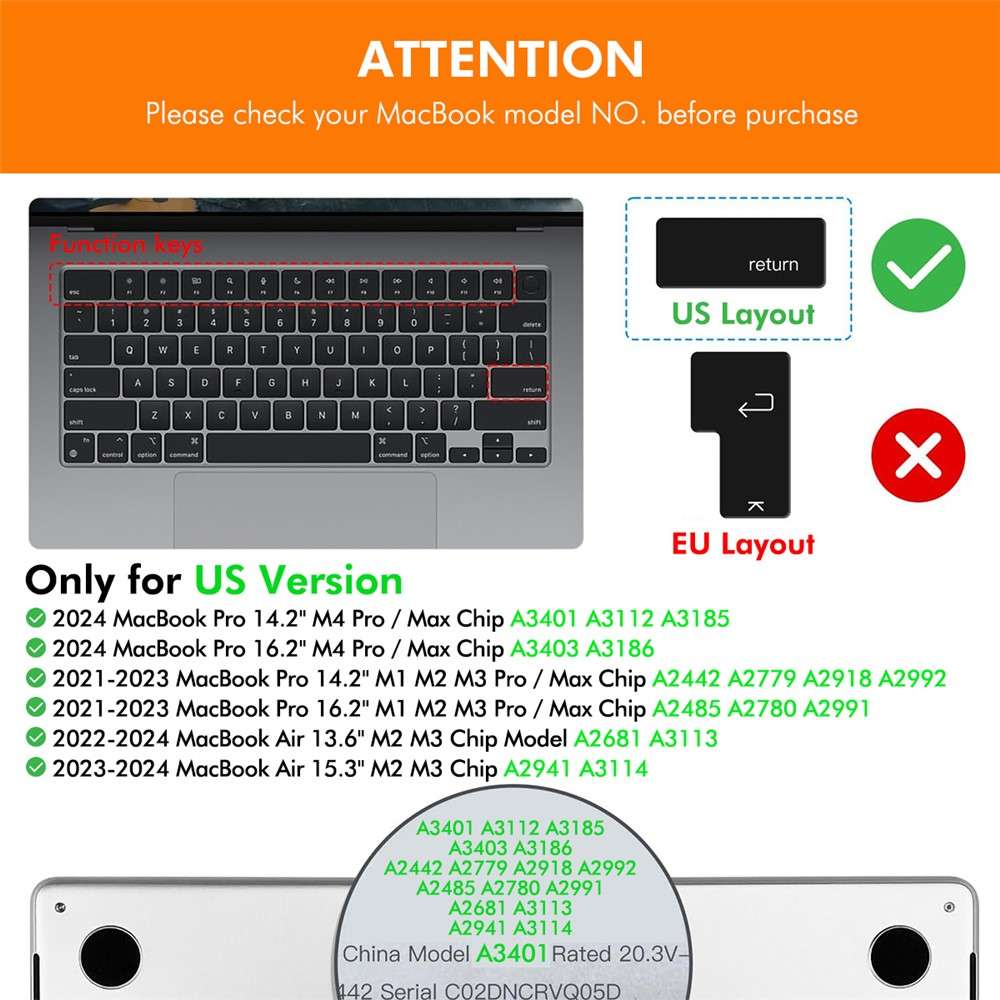 MacBook Pro 14.2 / Pro 16.2 / Air 13.6 / Air 15.3 ENKAY US Version Keyboard Cover Soft Silicone Prot
