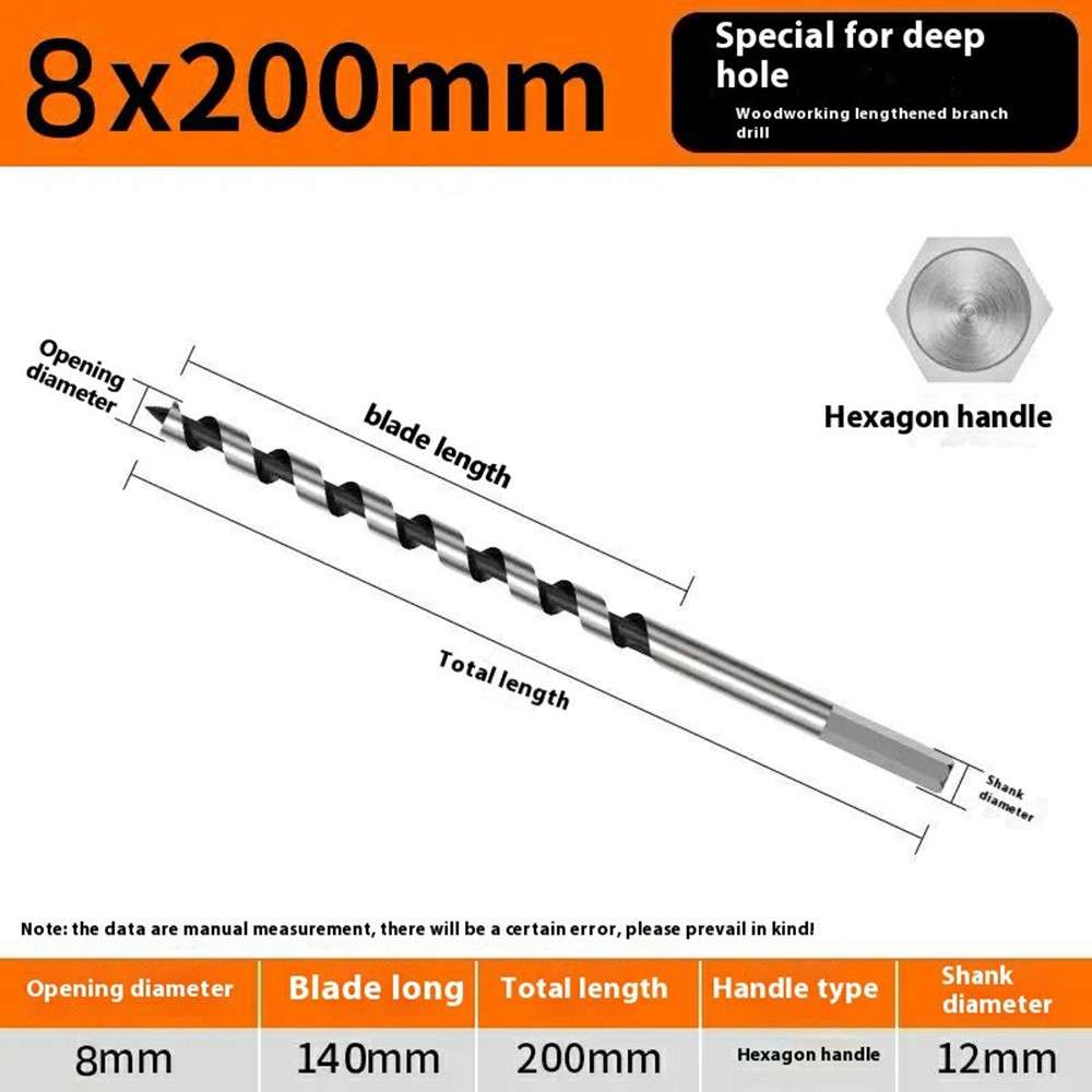 8x200mm Deep Hole Extended Auger Drill Bit Woodworking Hex Shank Bit for Electric Drill / Bench Dril