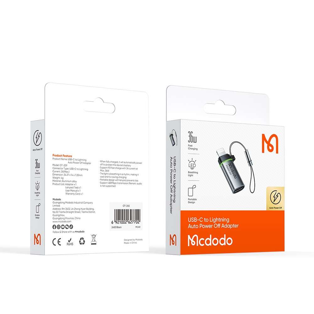 MCDODO OT-2590 Type-C Female to Lightning Male 36W Adapter Data Transmission Auto Power Off