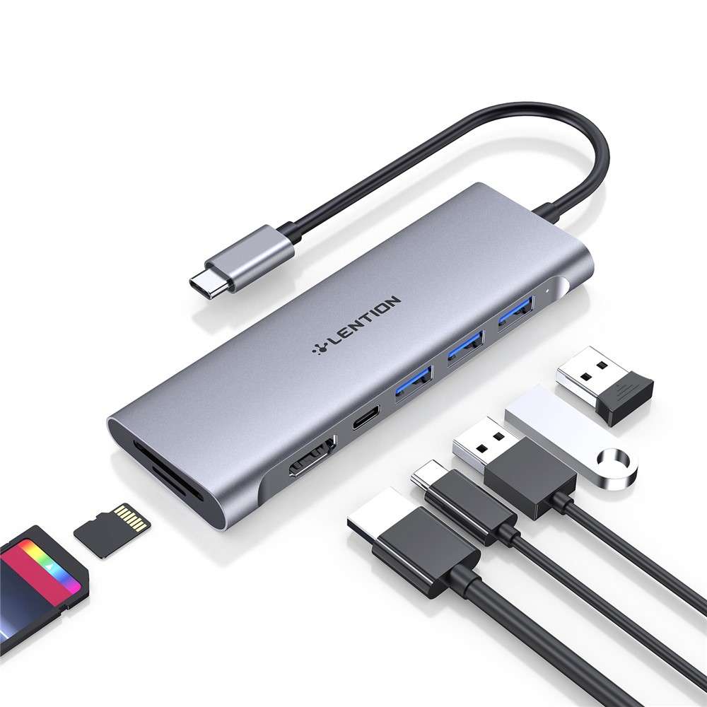 LENTION C36bHCR Type-C Hub Converter to USB 3.0 Ports HD Video Output Port Card Reader Slots PD3.0 1