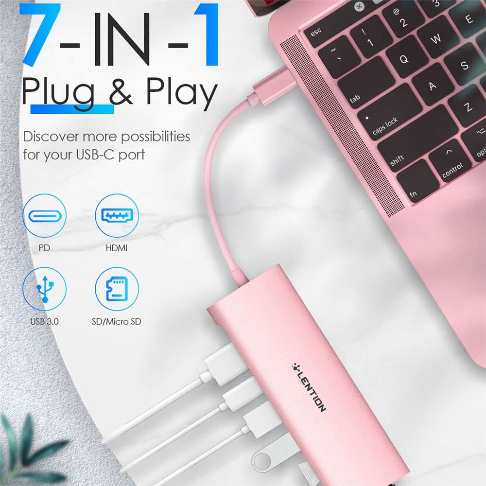 LENTION C36bHCR Type-C Hub Converter to USB 3.0 Ports HD Video Output Port Card Reader Slots PD3.0 1