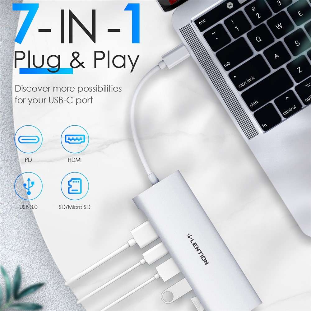 LENTION C36bHCR Type-C Hub Converter to USB 3.0 Ports HD Video Output Port Card Reader Slots PD3.0 1