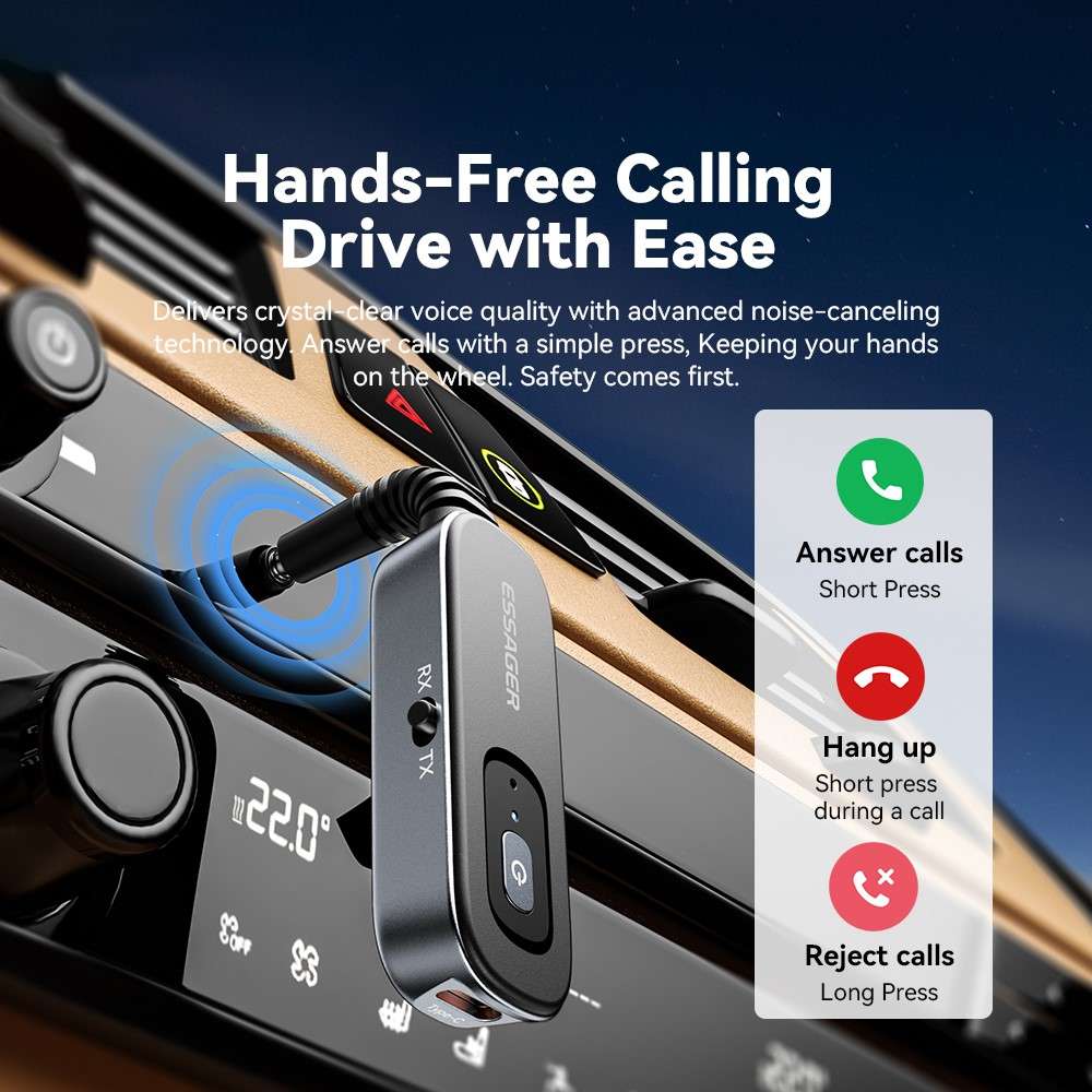 ESSAGER EBT51-LX0G-P Car Audio Bluetooth Transmitter Receiver 3.5mm Aux Adapter for Speaker Amplifie