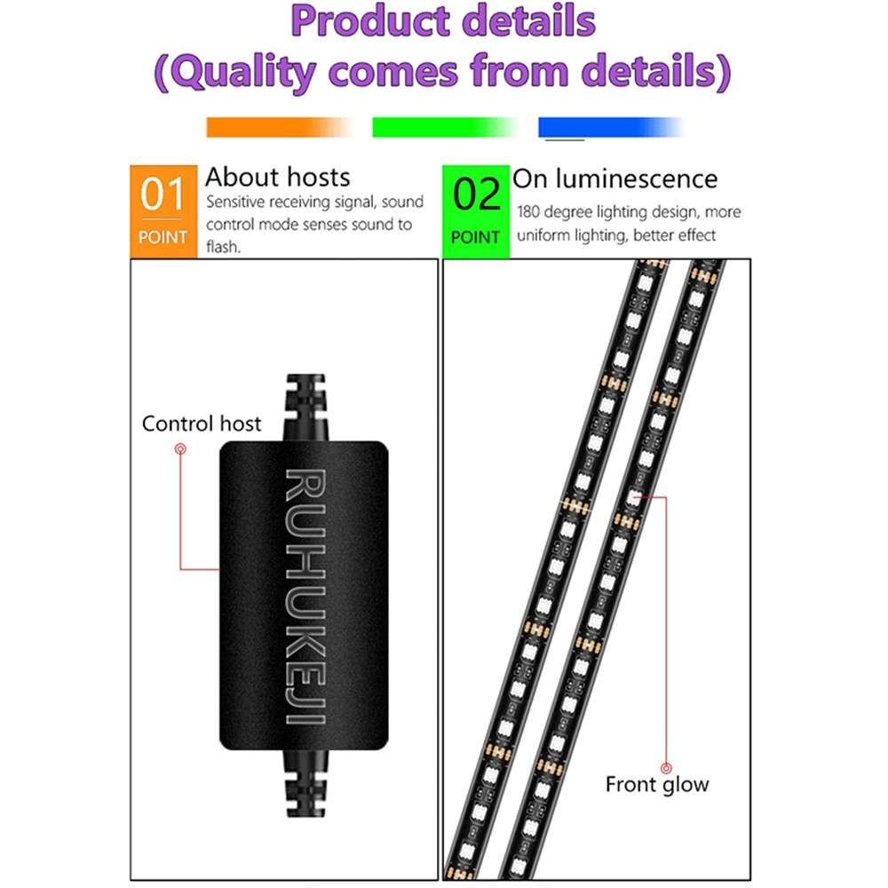 DP69 4Pcs Car Underglow Lights RGB Multi Color DIY Sound Active Music Mode Underbody Light Strips fo