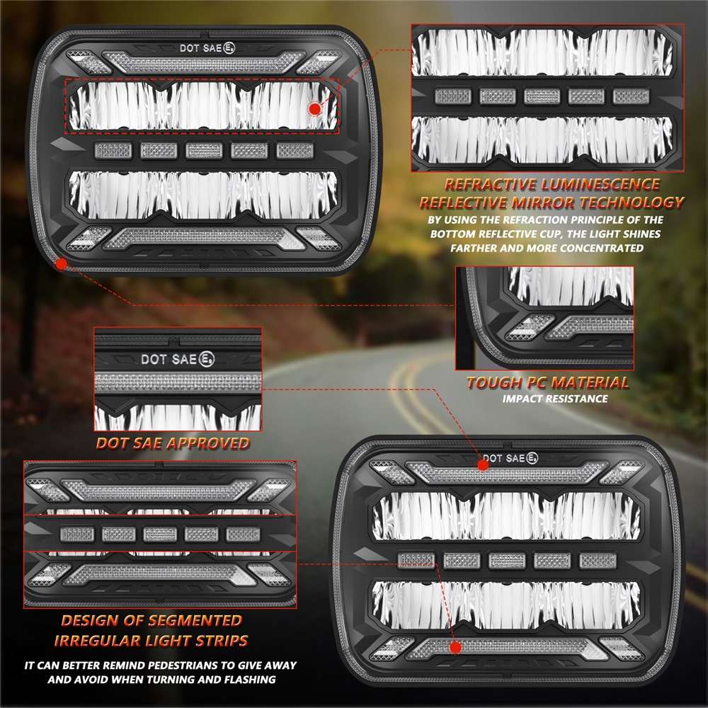5 x 7 Inch Square LED Headlight High Brightness IP67 Waterproof High Low Beam Truck Front Headlamp