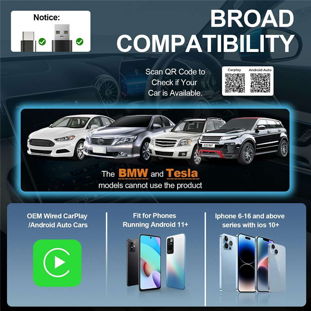57 2 in 1 Wired to Wireless CarPlay Android Auto Adapter Cars Upgrade Converter
