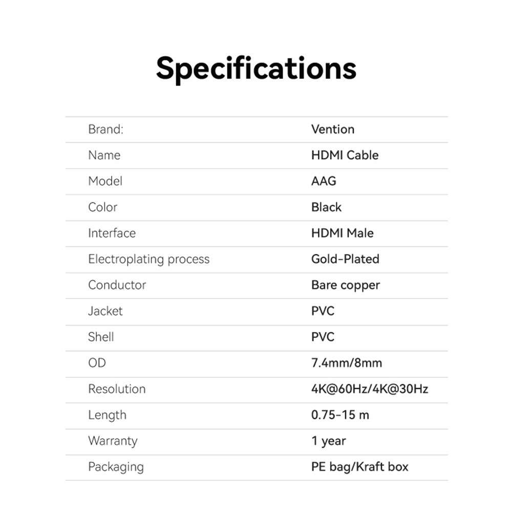 VENTION AAGBF AAG Series 1m HDMI Cable 4K PVC Display Cord for TV Monitor Laptop Xbox