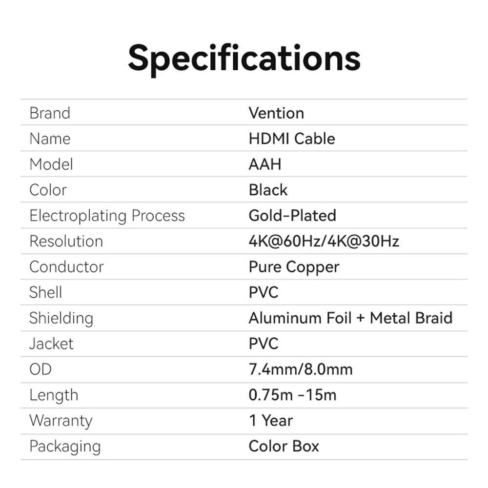 VENTION AAHBG AAH Series 1.5m HDMI Cable 4K Male to Male Cord for Laptops Projectors Xbox TV
