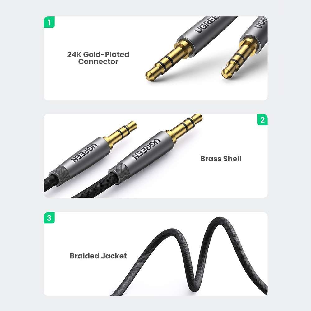 UGREEN 1m 3.5mm Jack Male to Male AUX Cord HiFi Sound Nylon Braided Audio Cable for Car Audio Headph
