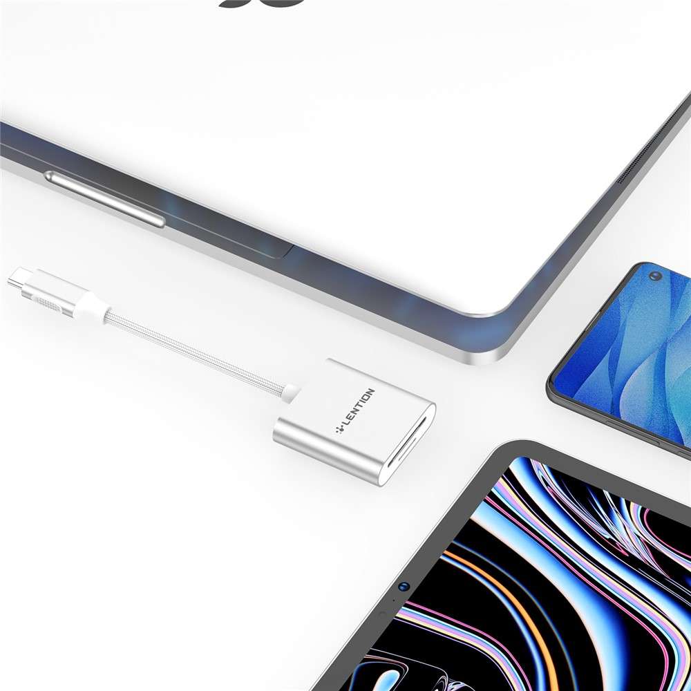 LENTION C8 USB-C to SD/Micro SD Card Reader Adapter Two Card Simultaneous - Silver
