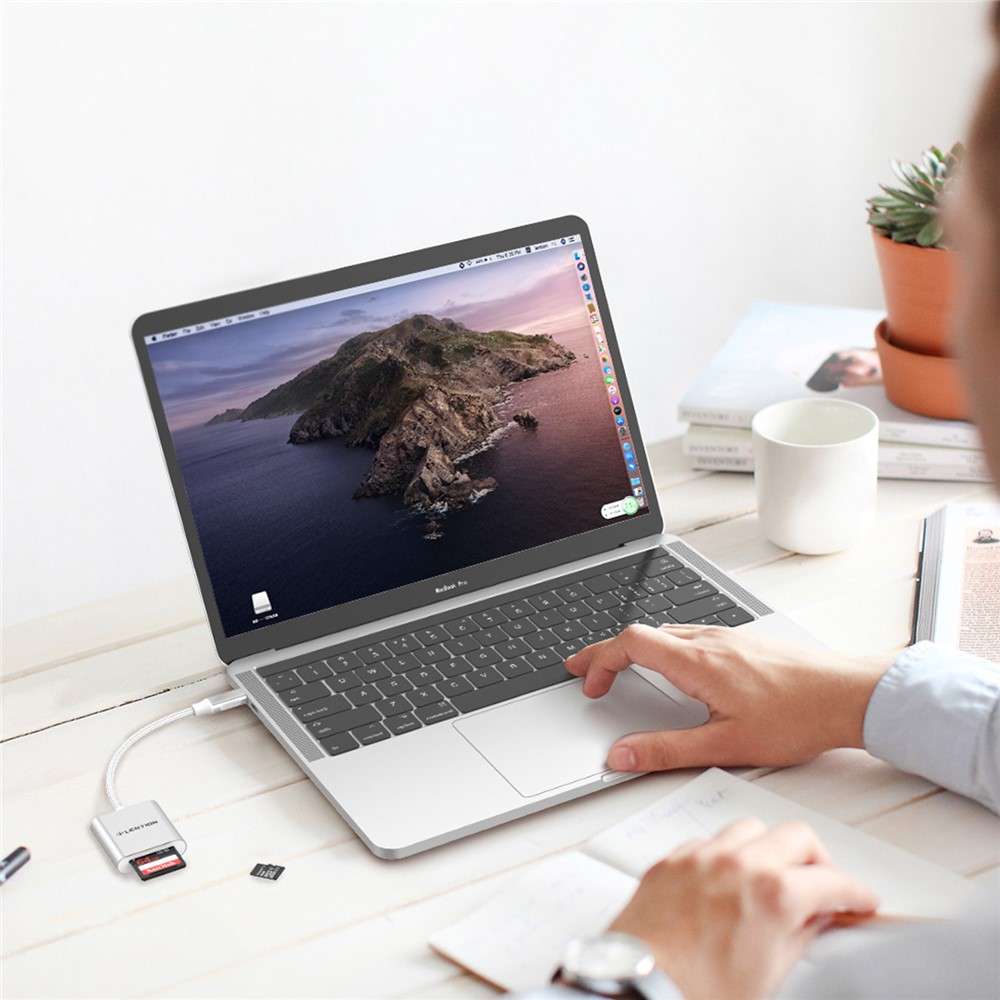 LENTION C8 USB-C to SD/Micro SD Card Reader Adapter Two Card Simultaneous - Silver