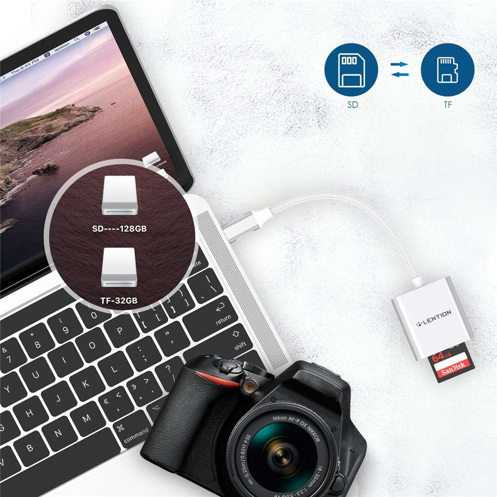 LENTION C8 USB-C to SD/Micro SD Card Reader Adapter Two Card Simultaneous - Silver