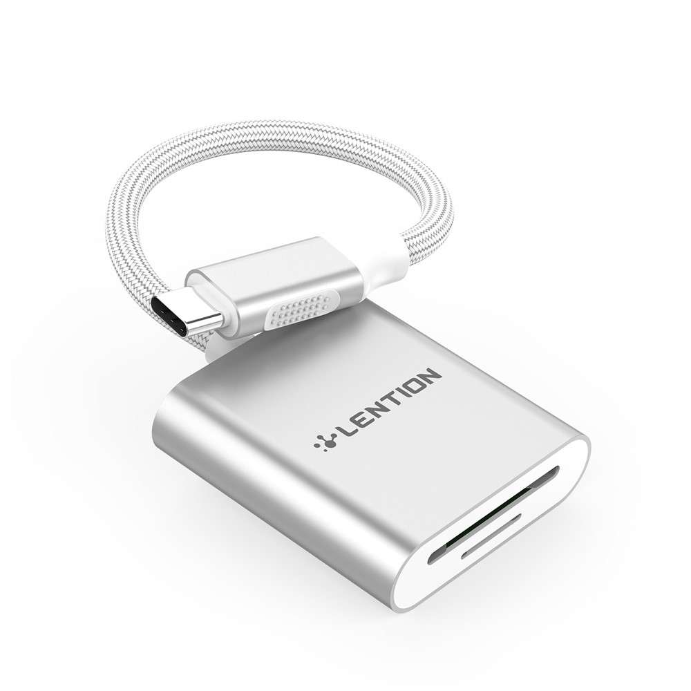 LENTION C8 USB-C to SD/Micro SD Card Reader Adapter Two Card Simultaneous - Silver