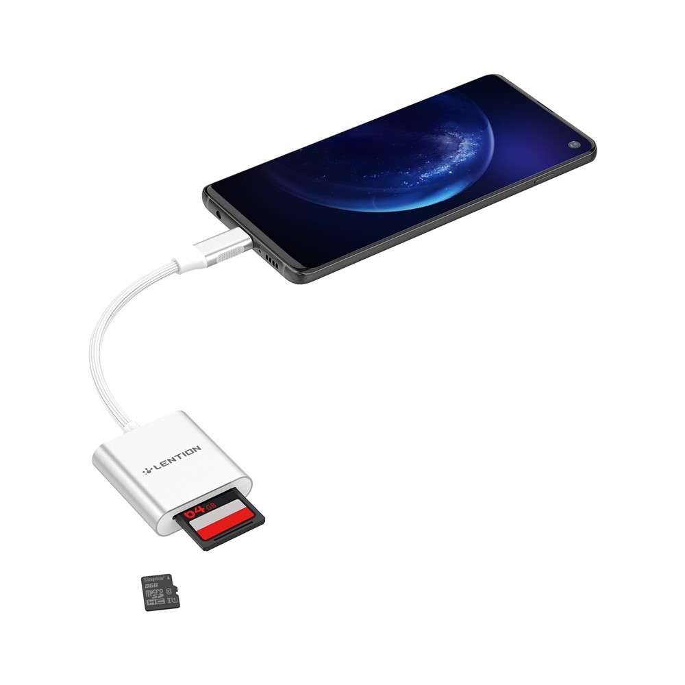 LENTION C8 USB-C to SD/Micro SD Card Reader Adapter Two Card Simultaneous - Silver