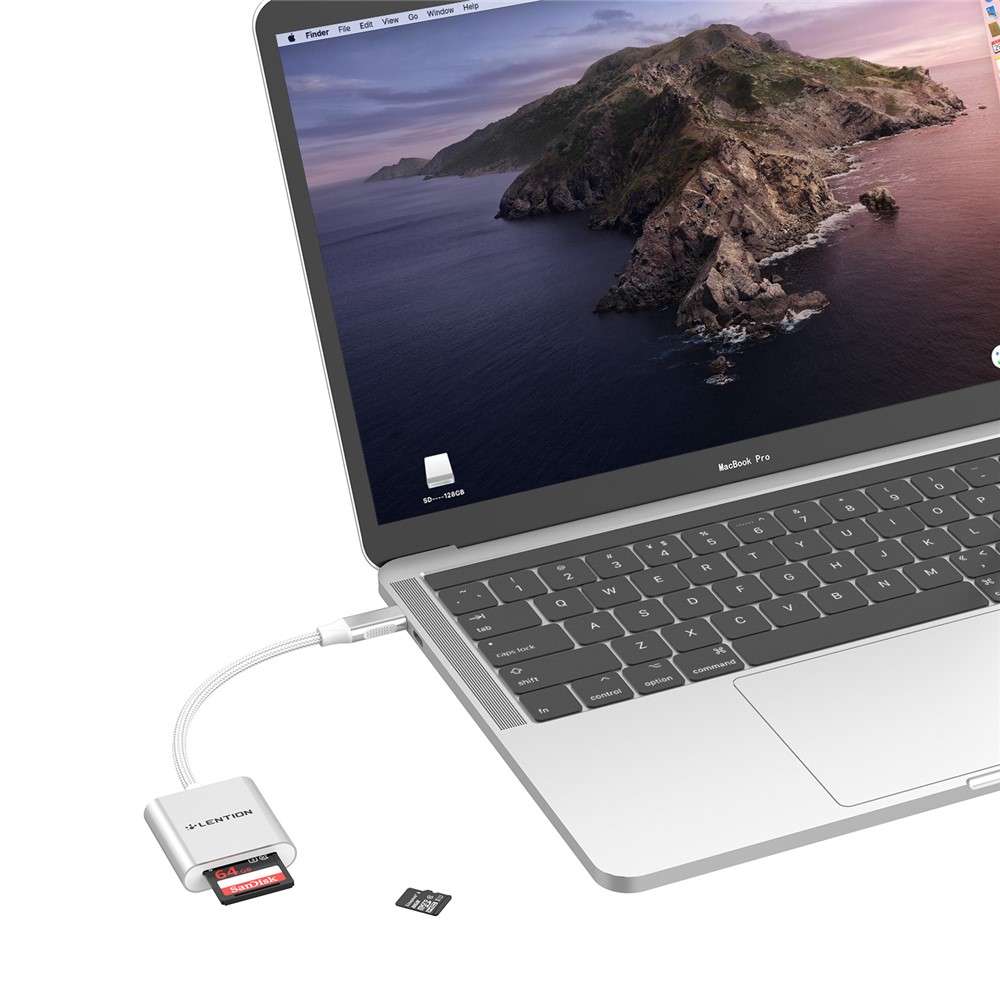 LENTION C8 USB-C to SD/Micro SD Card Reader Adapter Two Card Simultaneous - Silver